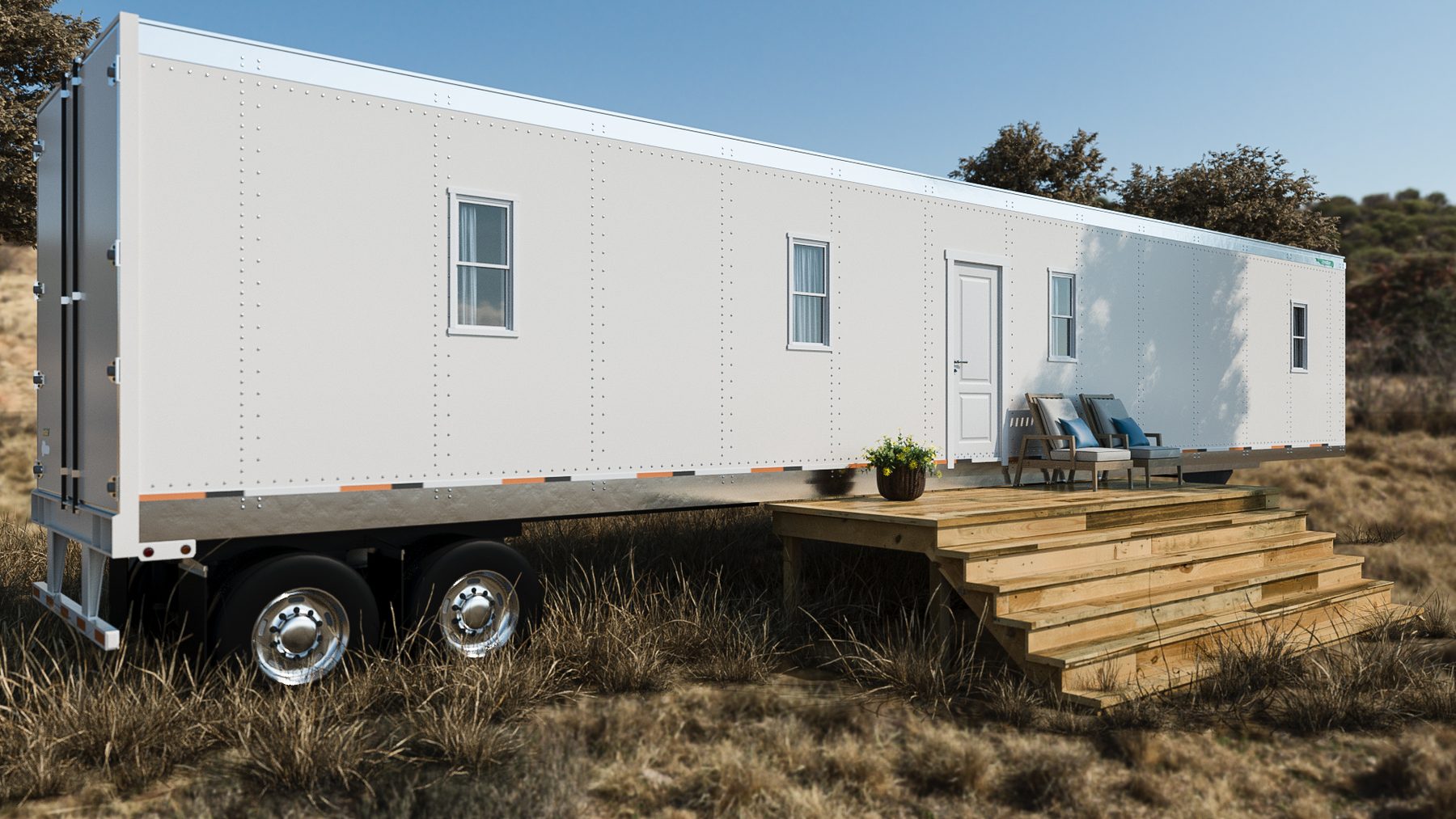 Exterior of the van-trailer home, on wheels